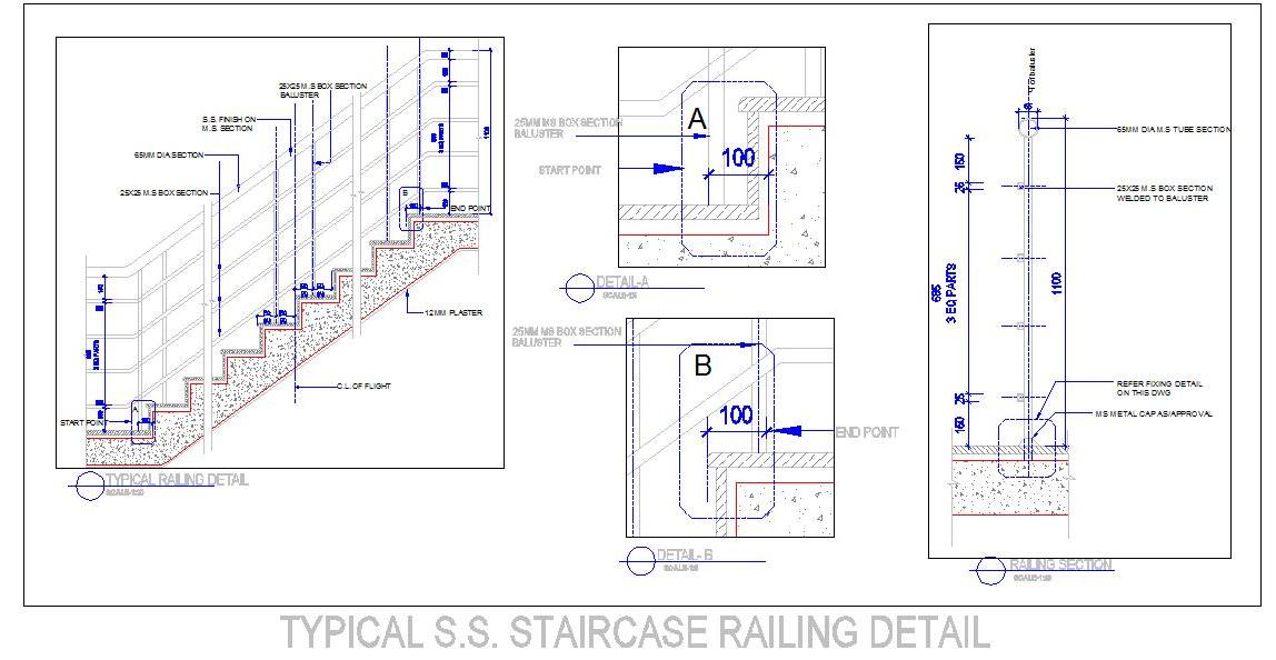 S.S. Staircase Railing CAD Drawing- Elevation & Fixing Detail